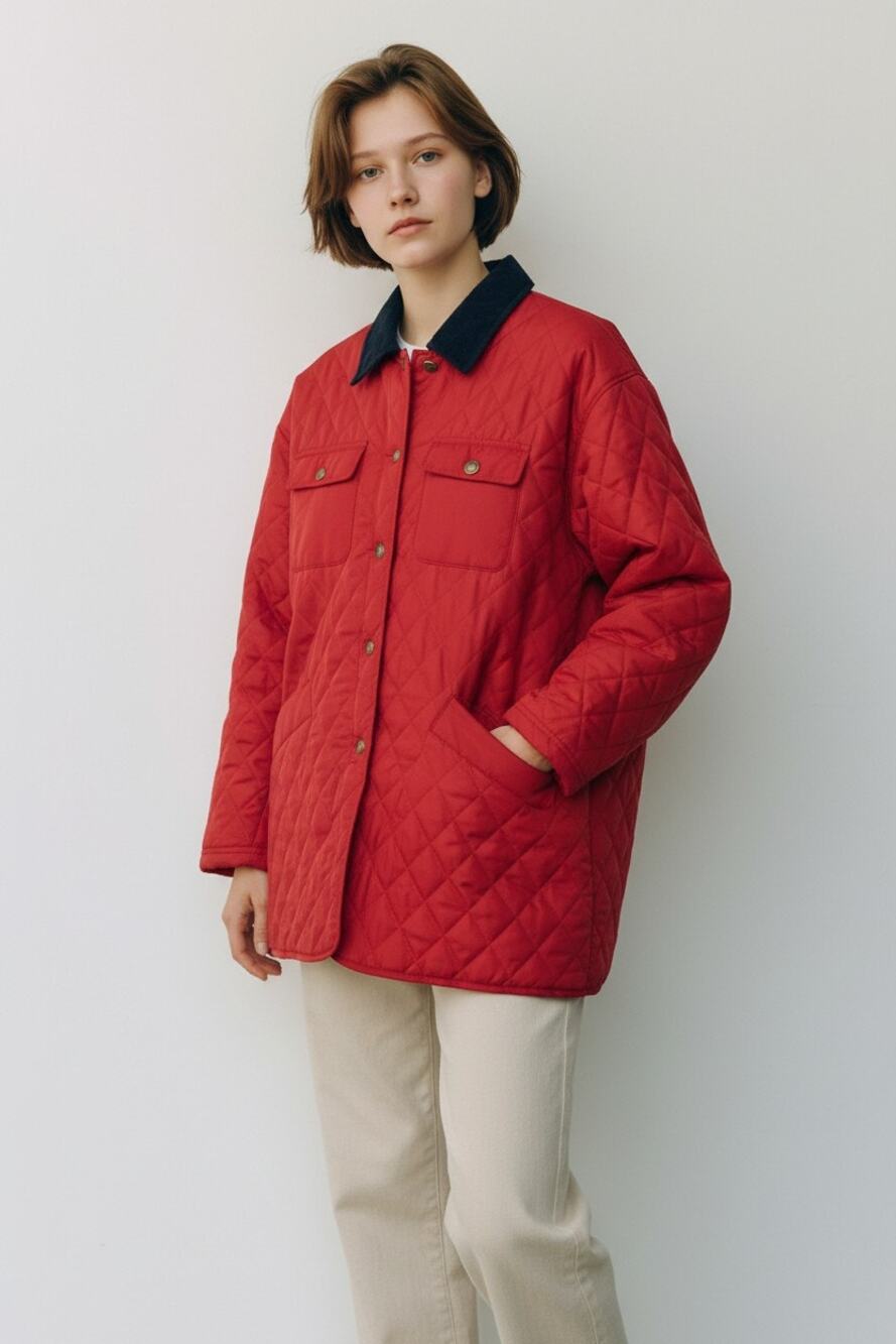 quilted barn jacket coat S 100% Silk white pine company classic red 90's Vintage